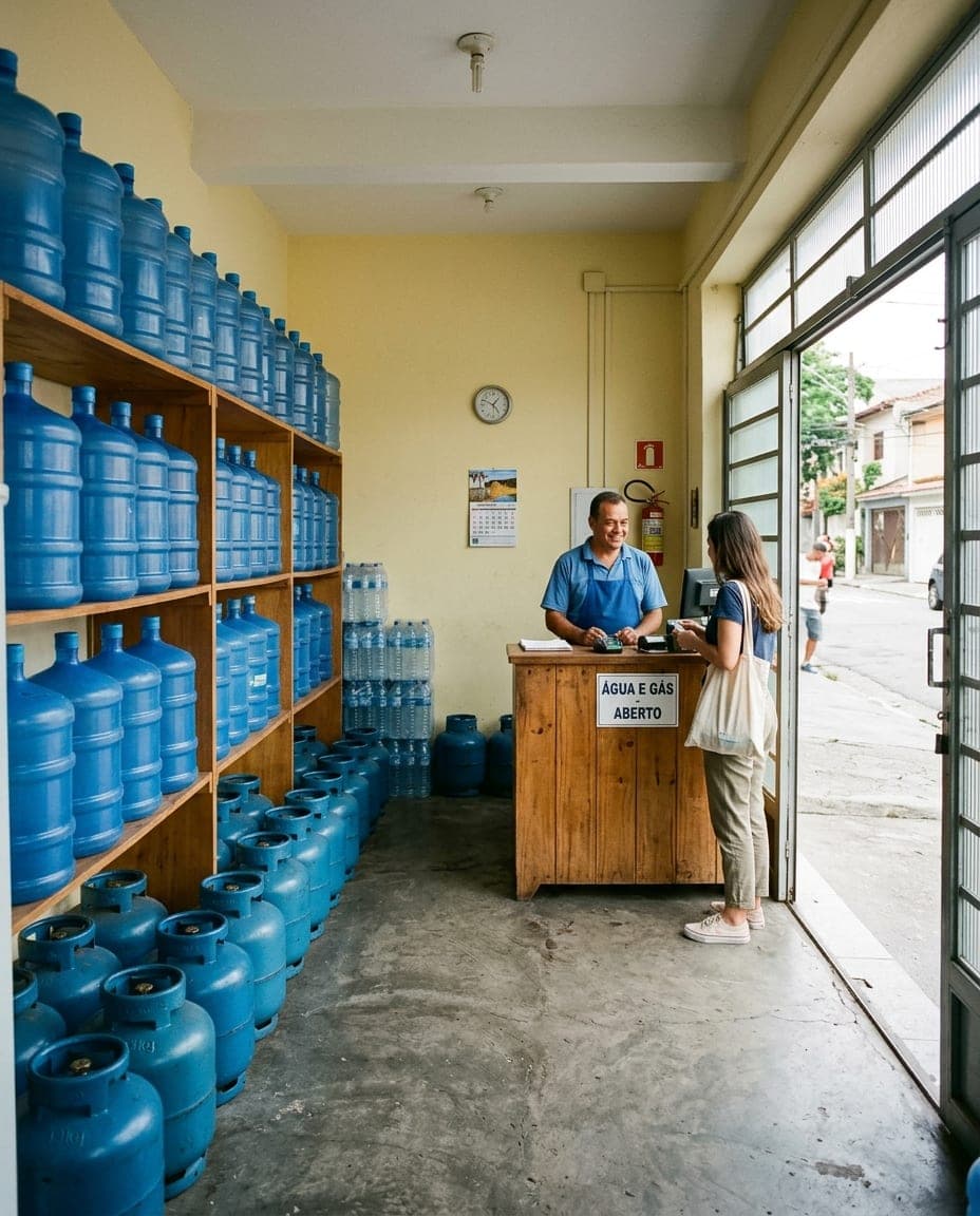 Interior da distribuidora, com galões de água organizados nas prateleiras